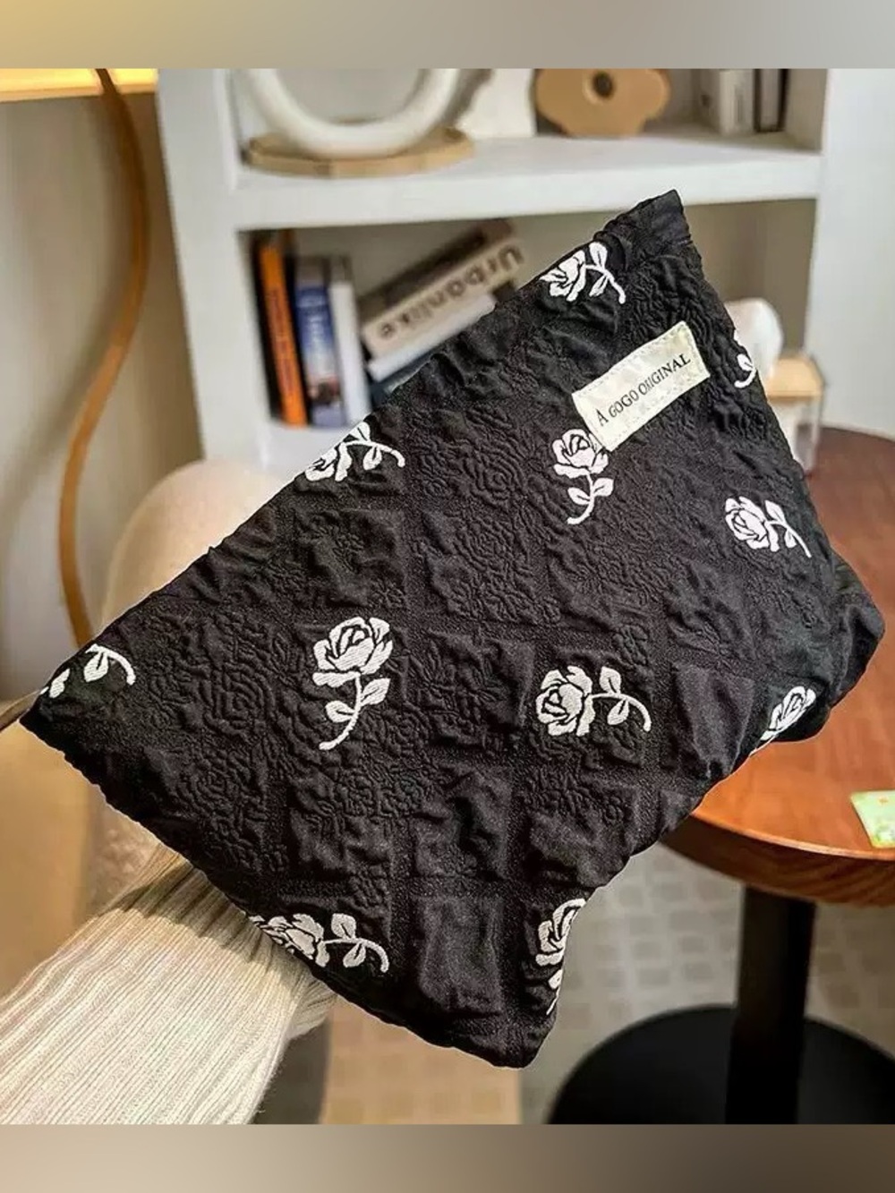 A GOGO ORIGINAL Black Quilted Rose Cosmetic Pouch